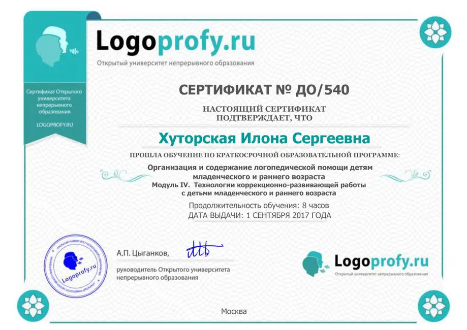 Технологии коррекционно-развивающей работы с детьми младенческого и раннего возраста, 2017 год