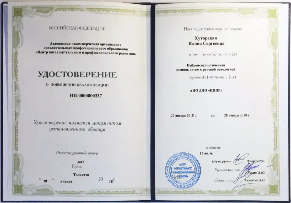 Повышение квалификации, Нейропсихологическая помощь детям с речевой патологией
